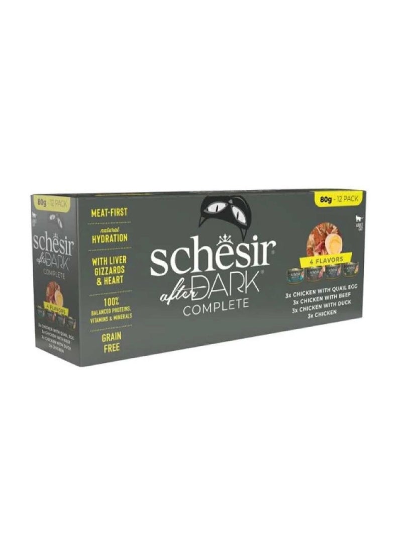 Schesir After Dark Complete Variety Pack for Adult Cats – 4 Flavors Selection – Grain-Free High-Protein Wet Food – 960 g (12 x 80 g Cans)
